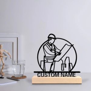 Personalized Architect Metal Art Desk Decor with Wooden Base
