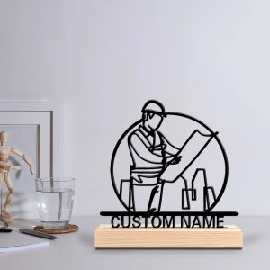 Personalized Architect Metal Statue Desk Decor with Wooden Base Office Sculpture