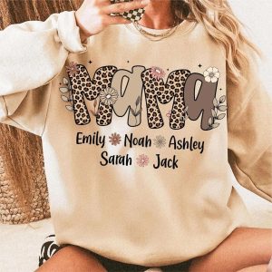 Personalized Mama Leopard Print Sweatshirt with Kids Names Custom Mom Pullover Gift