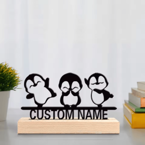 Personalized Penguin Metal Statue Trio - Cute Custom Animal Sculpture with Wooden Base for Home & Office Decor