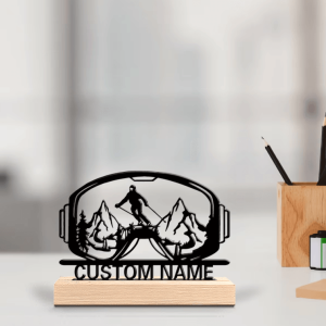 Personalized Skiing Metal Statue - Custom Name Ski Goggles Desk Ornament with Wooden Base