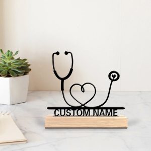 Personalized Stethoscope Desk Decor Metal Statue with Wooden Base for Doctors