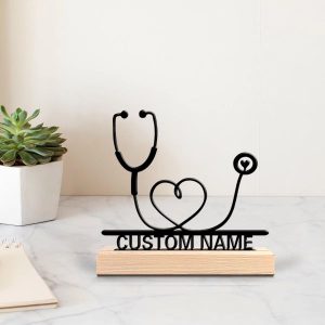 Personalized Stethoscope Metal Art Statue on Wooden Base for Doctor Desk Decoration