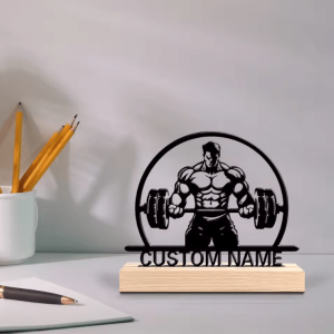 Personalized Weightlifting Metal Art Statue - Custom Gym Figurine with Wooden Base