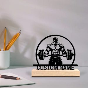Personalized Weightlifting Metal Sculpture with Wooden Base - Custom Fitness Art Gift