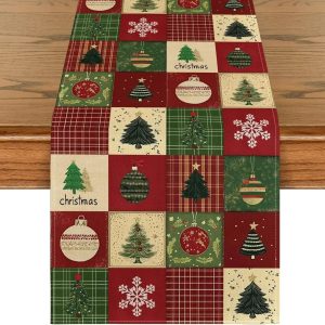Plaid Linen Holiday Table Runner - Festive Christmas Tree & Snowflake Dining Decor for Winter Kitchens & Holiday Parties