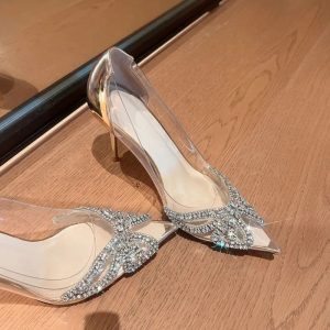 Pointed Transparent PVC Rhinestone Sandals - Elegant Wrapped Back Buckle High Heels