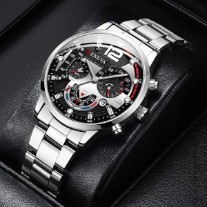 Premium Men Stainless Steel Watch, Classic Analog Quartz with Calendar