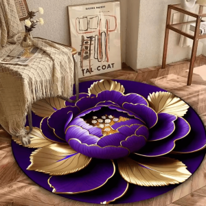 Purple Gold Peony Round Rug - Washable Floral Carpet for Elegant Home Decor