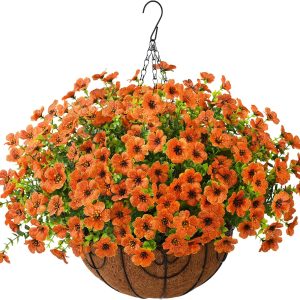 Realistic UV Resistant Faux Hanging Basket with Orange Silk Daisy for Fall Outdoor Porch & Patio Decoration