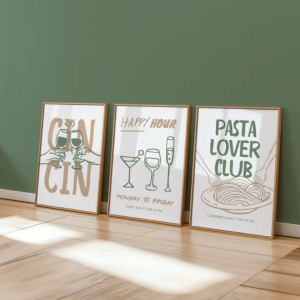 Retro Cocktail & Pasta Wall Art Set - Frameless Happy Hour Kitchen Prints (3pcs)