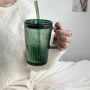 Retro Glass Tumbler with Lid and Straw Reusable Juice and Coffee Cup Transparent Green Glass Mug