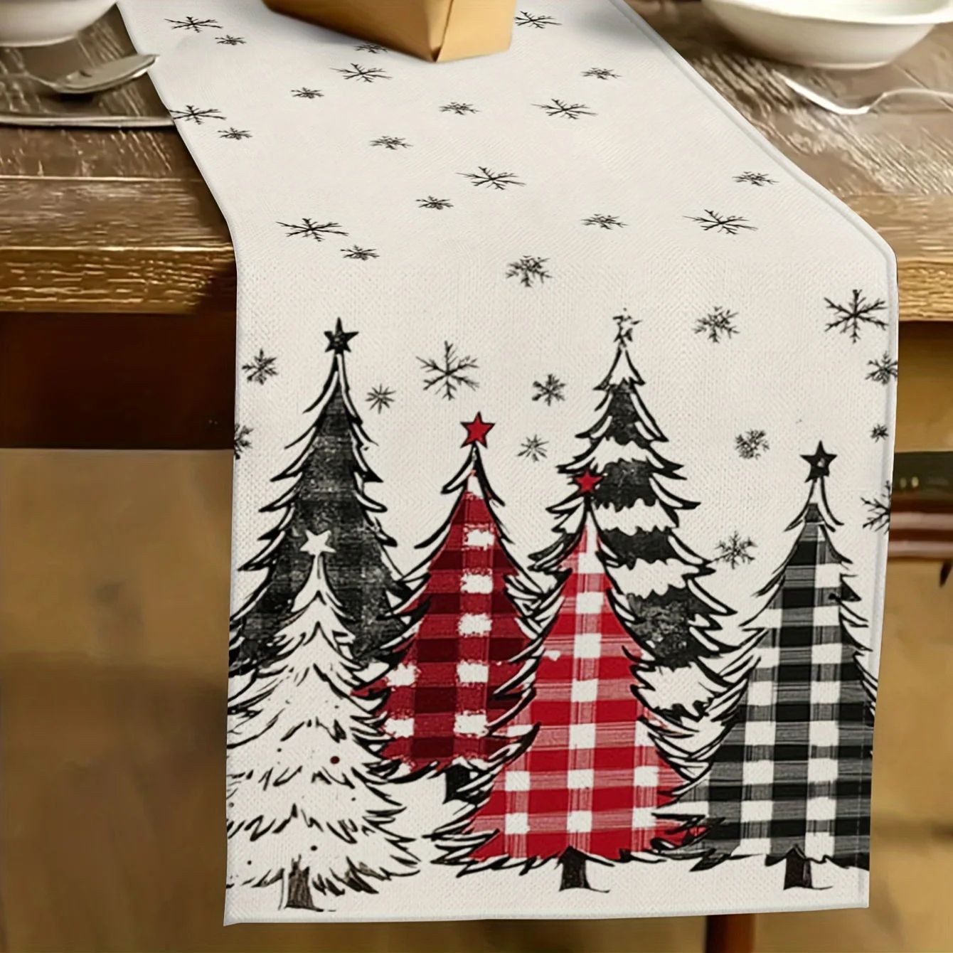 Retro Plaid Christmas Table Runner for Dining Table - Winter Holiday Tree Pattern Polyester Decor