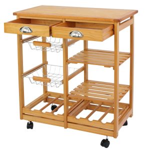 Rolling Kitchen Island Cart with Drawer and Wine Rack Solid Wood Storage Trolley on Wheels