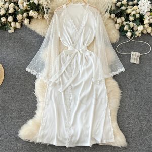 Sexy Embroider Edge Kimono Bathrobe Dress, Wedding Long Robe with Mesh Sleeves, Silk Satin Sleepwear Lingerie Gown