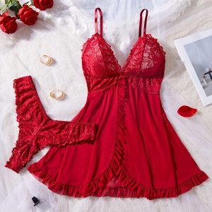 Sexy Lace Lingerie Set for Women, Red Hot Sleepwear Nightdress, V-Neck Sheer Lace Camisole, Matching Panties, Romantic