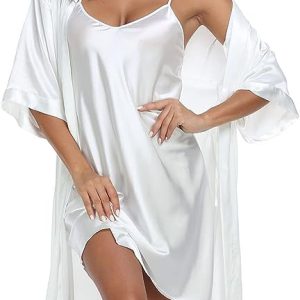 Sexy Silky Women's Silk Satin Pajamas, PJ Robe Set with Chemise Nightgown, Elegant Sleepwear