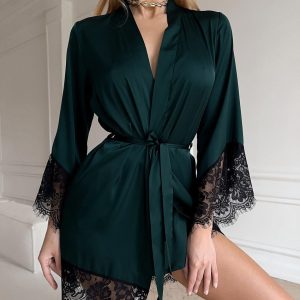 Sexy Women's Satin Night Gown, V-Neck Lace Robe, Half Sleeve Nightdress Female, French Silky Satin Sleepwear