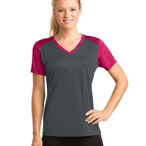 Sport-Tek LST371 Women's CamoHex Colorblock V-Neck Tee - Iron Grey/Pink Raspberry - S