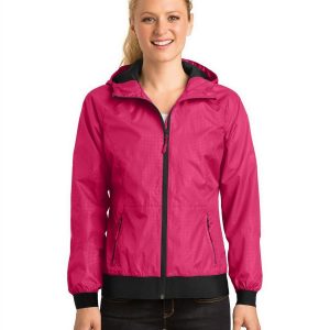 Sport-Tek LST53 Women's Embossed Hooded Wind Jacket - Pink Raspberry/Black - 2XL