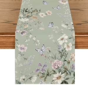 Spring Green Wildflower Linen Table Runner - Botanical Dining & Party Decor