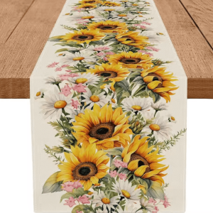 Spring Sunflower & Daisy Linen Table Runner - Farmhouse Floral Dining Decor