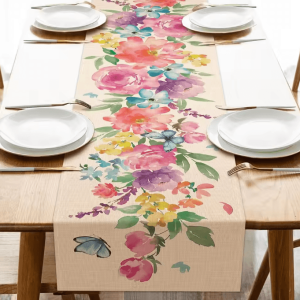 Spring Watercolor Floral Table Runner - Butterfly Linen Table Decor for Dining, Wedding & Party Settings