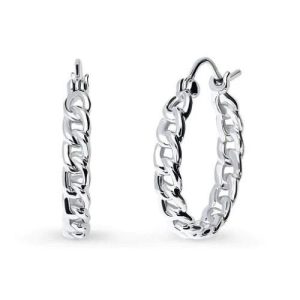 Sterling Silver Huggie Hoop Earrings for Women, Curb Chain, French Lock Clip-On Silver Hoop Earrings