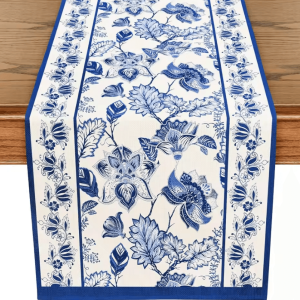 Summer Blue Floral Linen Table Runner - Farmhouse Dining & Wedding Table Decor