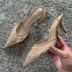 Summer Elegant Black Mesh Embroidery Women Pumps, Sexy Pointed Toe String Bead Designer High Heels for Party and Evening