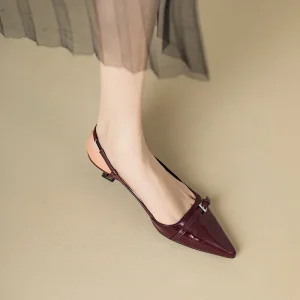 Summer French Wine Red Pointed Patent Leather Mid-Heel Sandals for Women Retro Skinny Heel Overhead Back Empty Shoes