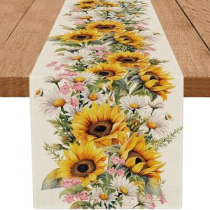 Sunflower Linen Table Runner - Farmhouse Floral Table Decor for Bright, Elegant Dining