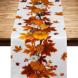 Thanksgiving Pumpkin Linen Table Runner - Autumn Harvest Maple Leaf Table Decor