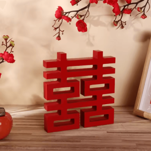 Traditional Double Happiness Wood Decor Red Chinese Wedding Wall Ornament Xi Symbol