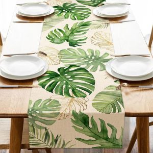 Tropical Palm Leaf Linen Table Runner for Dining Table and Outdoor Parties