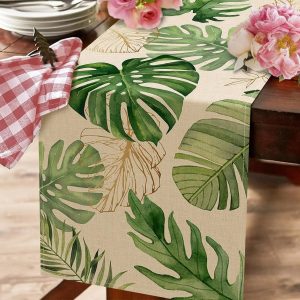 Tropical Palm Leaves Linen Table Runner Summer Greenery Table Decor