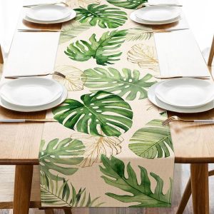 Tropical Palm Leaves Linen Table Runner for Summer Kitchen and Dining Decor