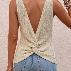 TwistBack Knit Sleeveless Sweater - Lightweight Open Back Top for Summer Layering