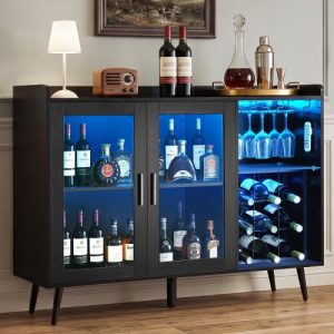 VEVOR Wine Cabinet, Coffee Bar Cabinet with 9 Wine Bottle Racks, Modern Buffet Sideboard with Glass Holder, Adjustable LED Brightness, for Home Kitchen, Living Room, Dining Room, Black Wood Grain