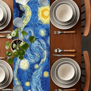 VIKAMA Starry Night Art Table Runner - Van Gogh Inspired Luxury Dining Decor