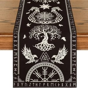Viking Raven & Helmet of Awe Table Runner | Nordic Mythology Linen Decor | Reusable Medieval Kitchen Runner