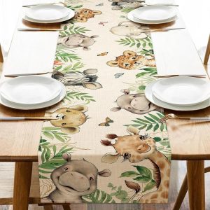 Vintage Floral Bird Linen Table Runner Farmhouse Dining Table Decor