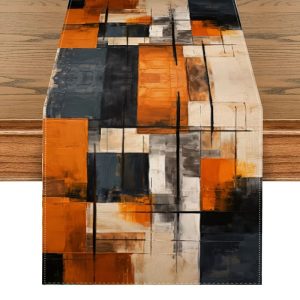 Watercolor Abstract Art Linen Table Runner | Orange & Black Stripe Pattern for Holiday Party & Dresser Decor