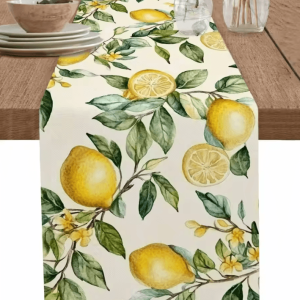 Watercolor Lemon Linen Table Runner - Fresh Botanical Farmhouse Dining Decor