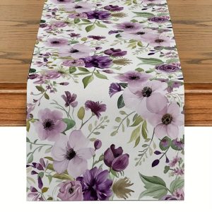 Watercolor Purple Floral Linen Table Runner Decor