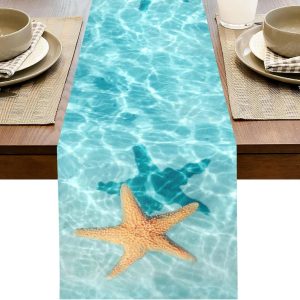 Watercolor Starfish Ocean Linen Table Runner Coastal Dining Decor