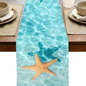 Watercolor Starfish Ocean Table Runner - Coastal Linen Table Decor for Dining & Parties