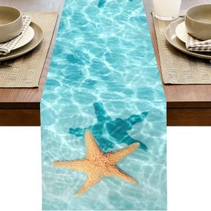 Watercolor Starfish Ocean Table Runner - Coastal Linen Table Decor for Dining & Party Celebrations