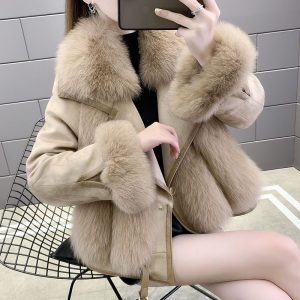 Women's Mid Long Faux Fur Jacket, Winter Warm Coat with PU Leather Splicing, Long Sleeve Thickened Outwear