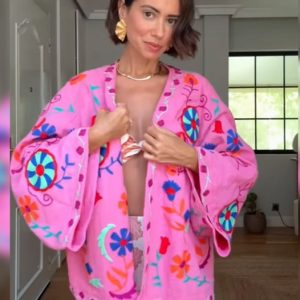 Women's Pink Embroidered Short Coat, Casual Cotton Linen Jacket, Long Sleeve V Neck Lace Up Outerwear for Autumn Street